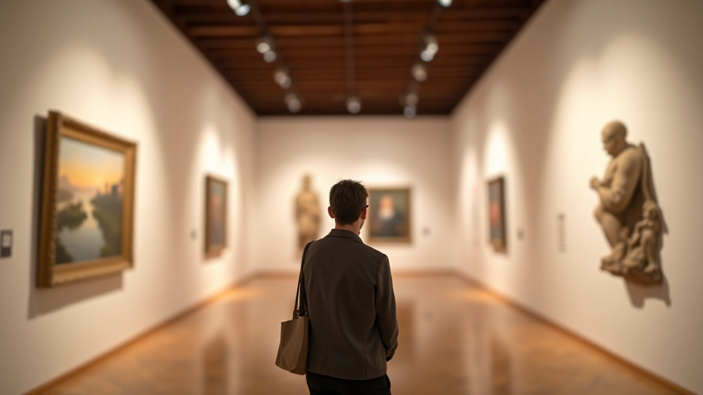 Galeria de arte com iluminação de destaque profissional realçando quadros e esculturas em parede branca