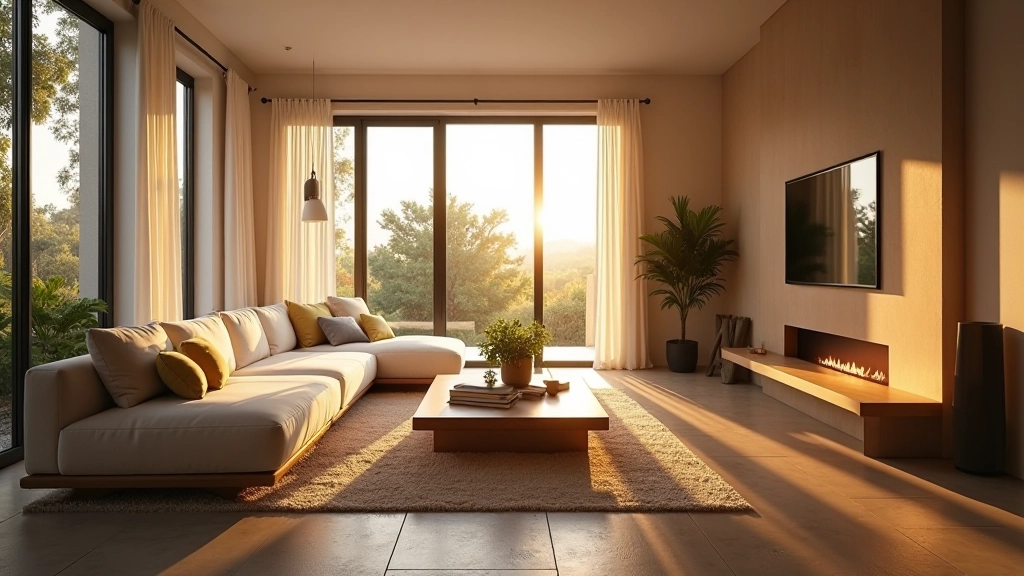 Sala de estar portuguesa luminosa com janelas grandes e transição suave entre luz natural e artificial