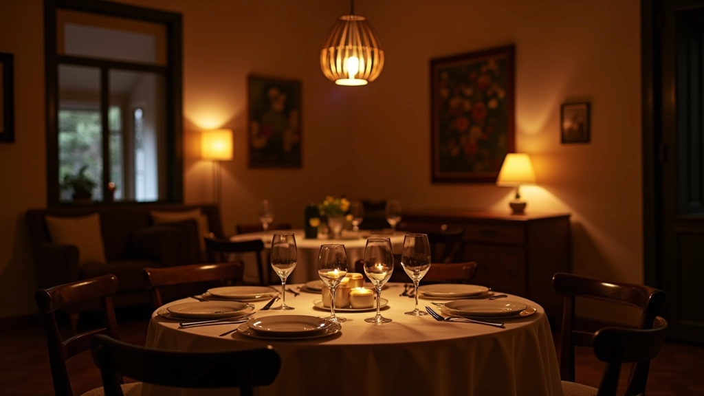 Sala de jantar portuguesa com múltiplas fontes de iluminação criando ambiente aconchegante