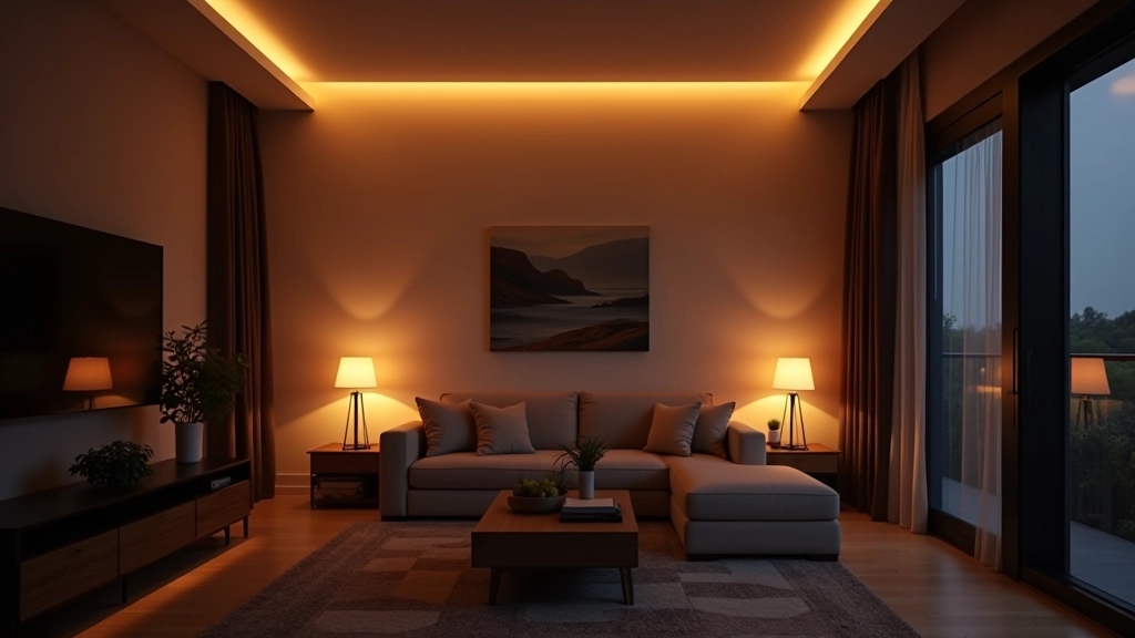 Sala moderna com múltiplas camadas de iluminação: luz ambiente, de destaque e funcional criando profundidade