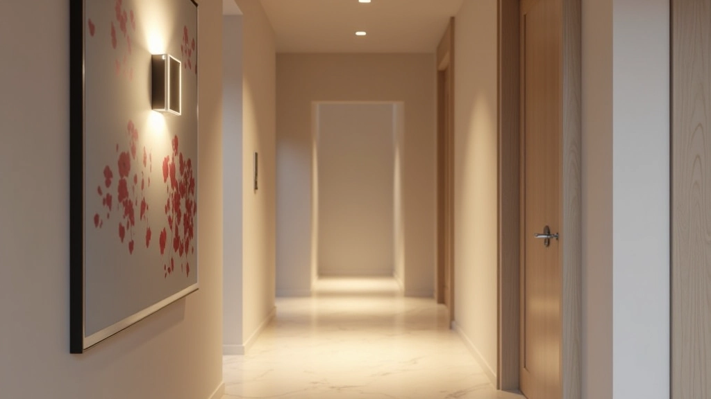 Corredor português contemporâneo com iluminação de destaque em quadros e parede em tons neutros